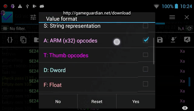 74.0: Example of use the ARM opcodes view in the memory editor - GameGuardian